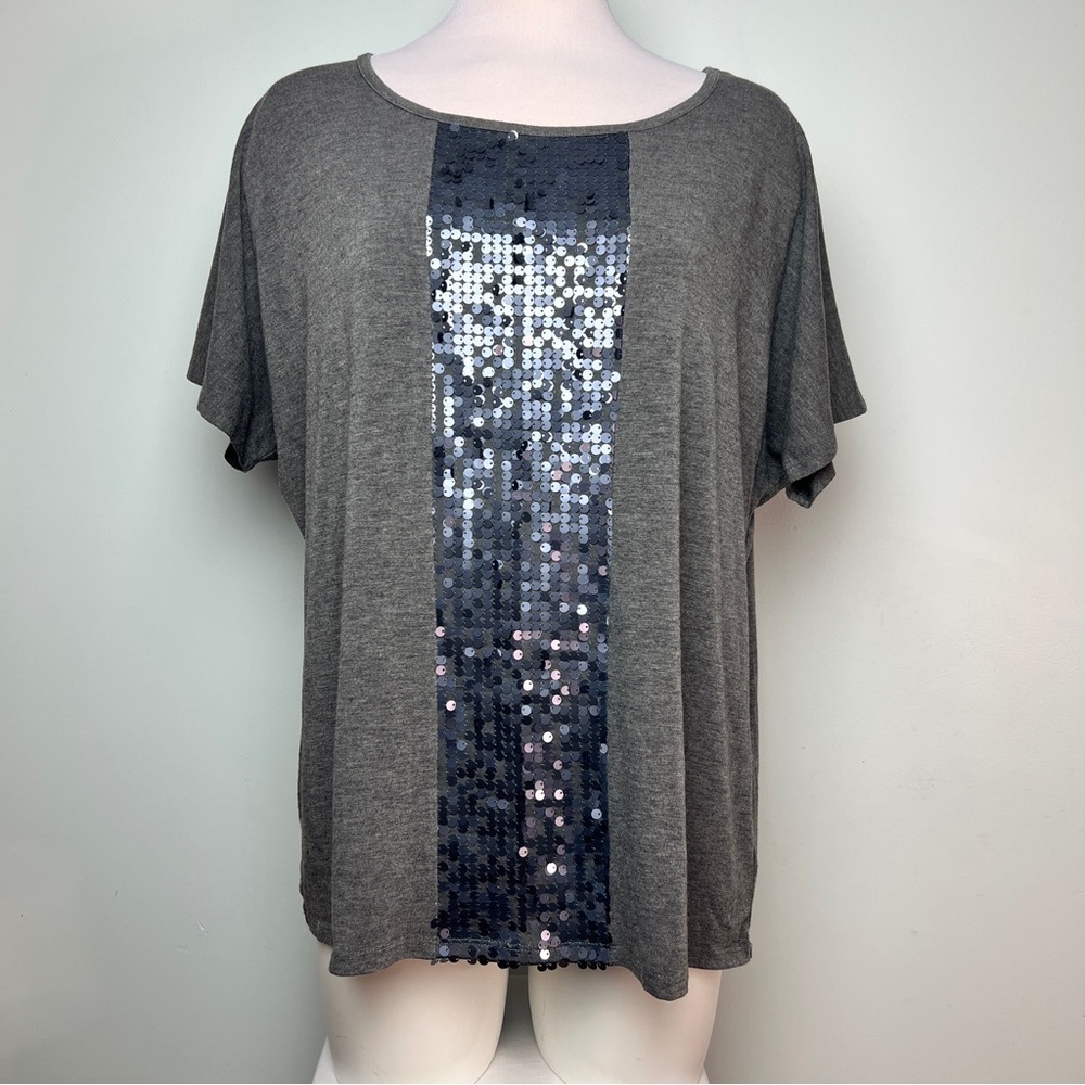 AB Studio Gray Sequin Short Sleeve Tee